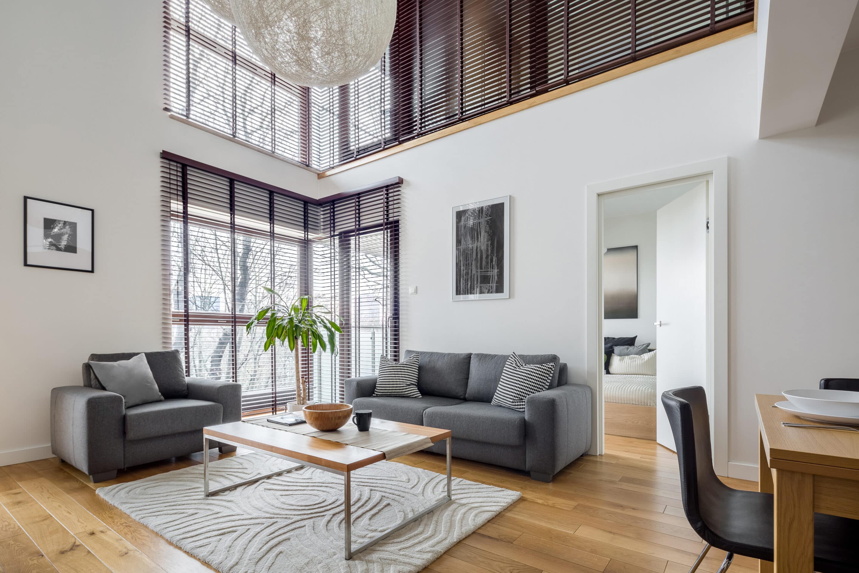 Do Blinds Add Value to your home? This is a beautiful modern living room with blinds.